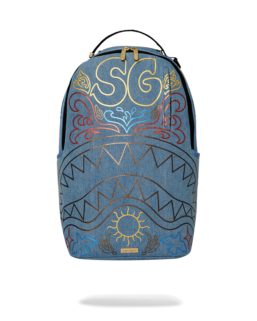 METALLIC PRINTED DENIM SHARK DLXSV BACKPACK