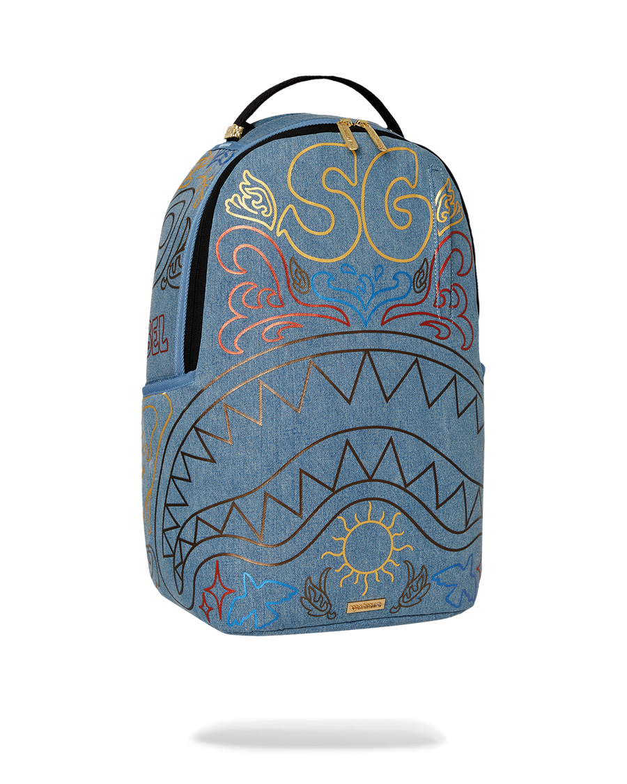METALLIC PRINTED DENIM SHARK DLXSV BACKPACK