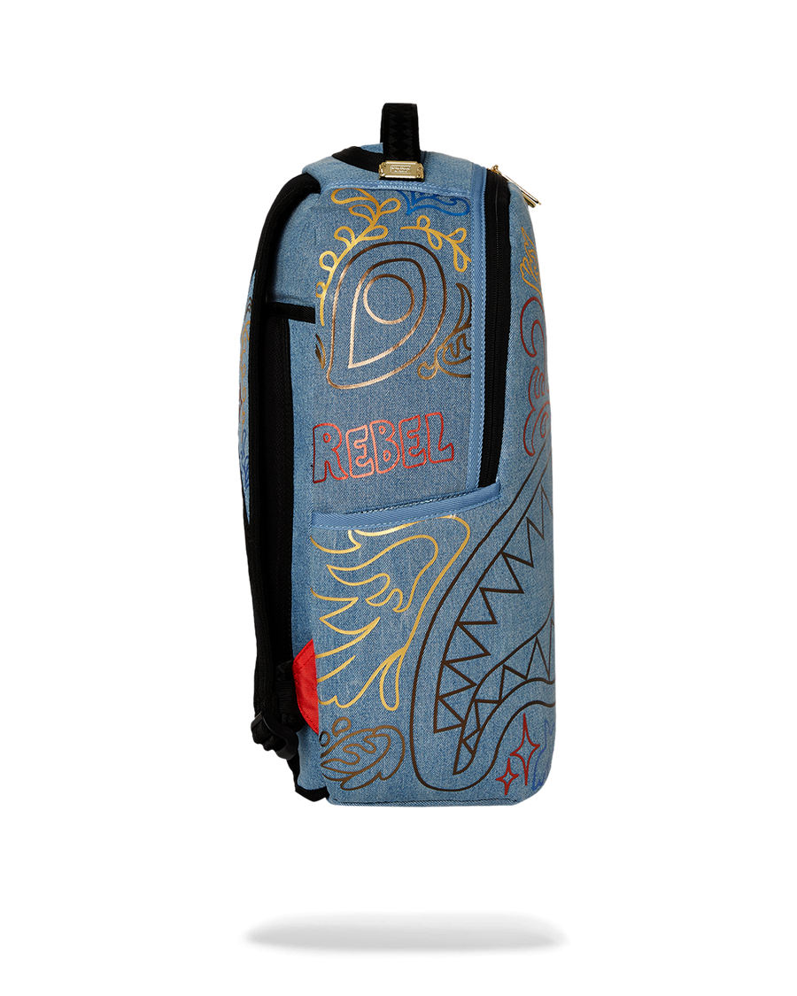 METALLIC PRINTED DENIM SHARK DLXSV BACKPACK