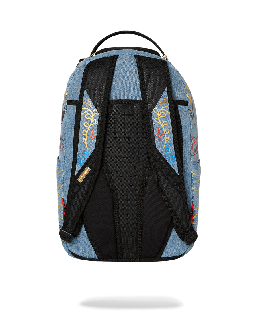 METALLIC PRINTED DENIM SHARK DLXSV BACKPACK