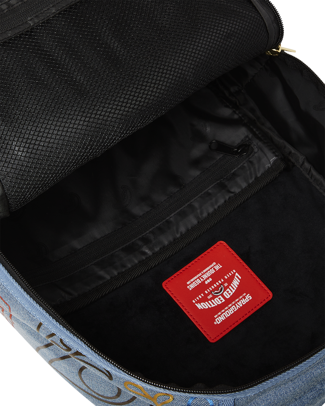 METALLIC PRINTED DENIM SHARK DLXSV BACKPACK