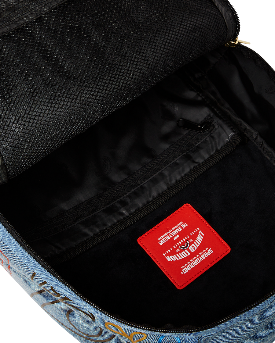 METALLIC PRINTED DENIM SHARK DLXSV BACKPACK