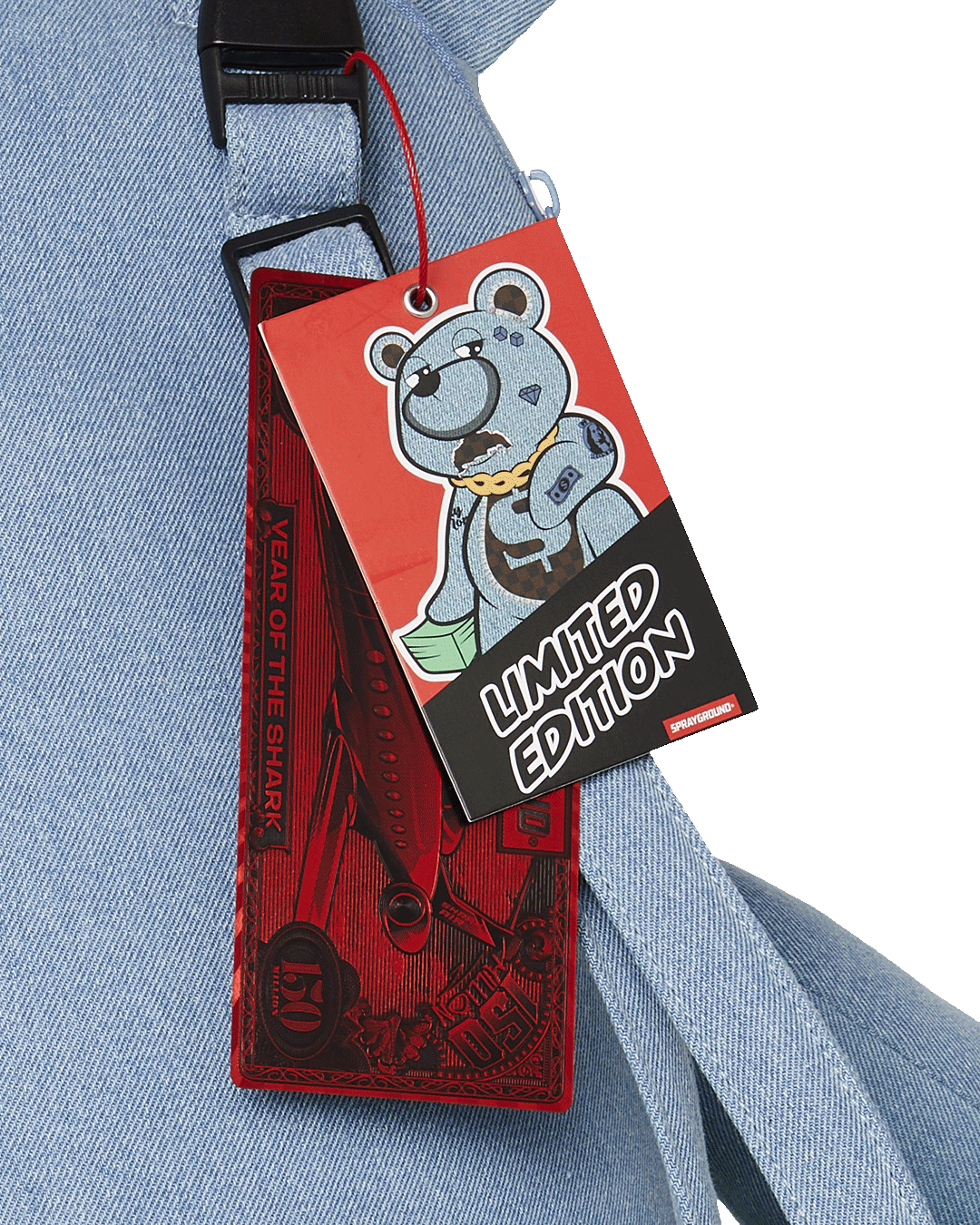 DENIM SHARK MONEYBEAR TEDDY BEAR BACKPACK