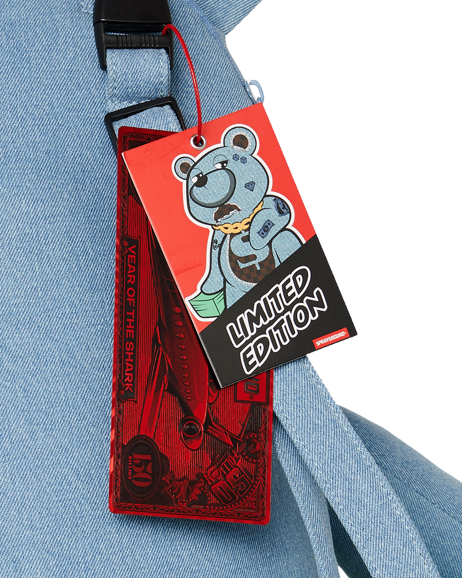 DENIM SHARK MONEYBEAR TEDDY BEAR BACKPACK
