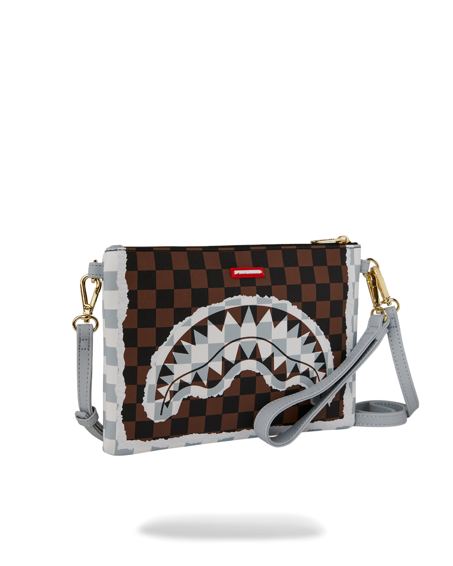 CREAM AND BROWN TEAR CHECK CROSSOVER CLUTCH