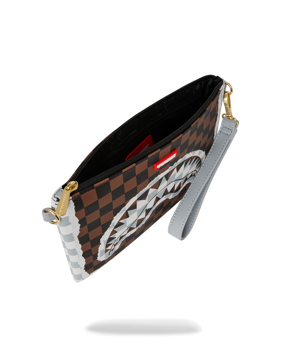 CREAM AND BROWN TEAR CHECK CROSSOVER CLUTCH