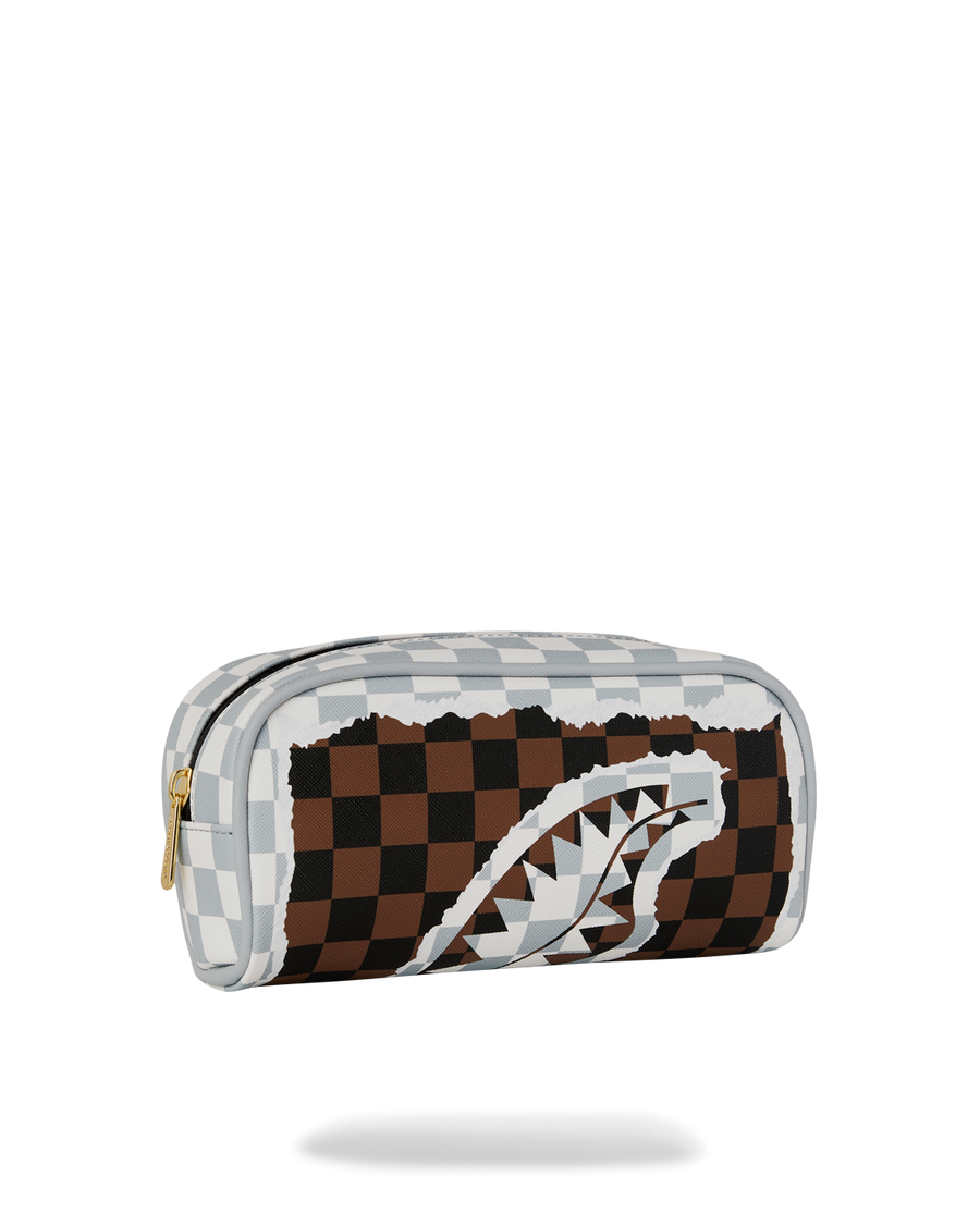 CREAM AND BROWN TEAR CHECK POUCH